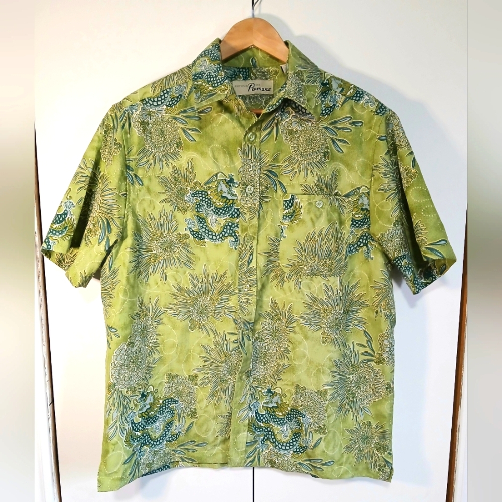 Vintage 90s Penman’s Dragon Print Shirt Green Floral Button Up Men’s Medium